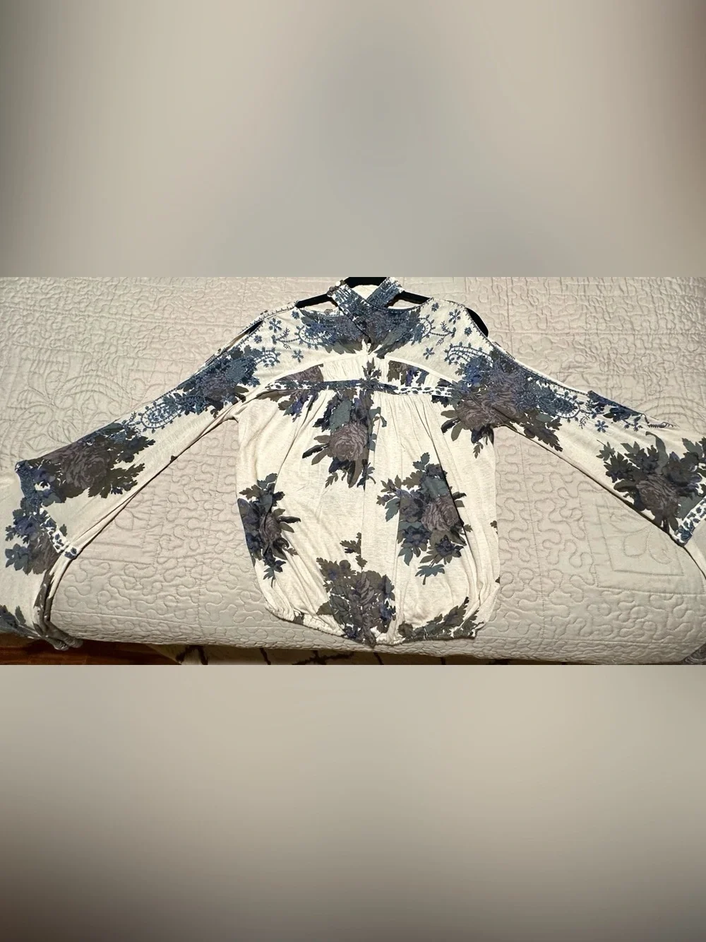 Free People Cream Blouse with Blue Floral Print and Cold-Shoulder Sleeves